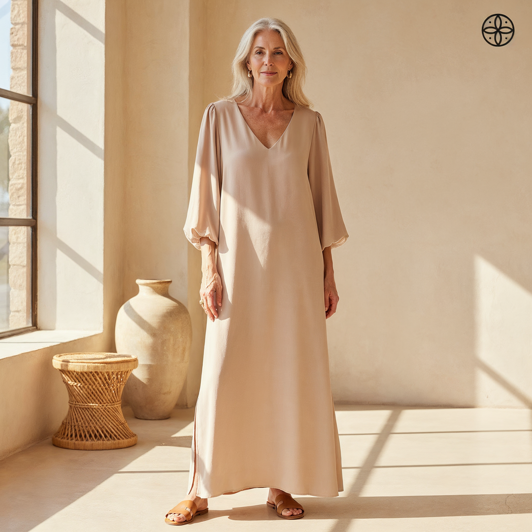Women's V-neck flowy maxi dress with elegant balloon sleeves & practical pockets. Ideal for summer casual or resort wear.