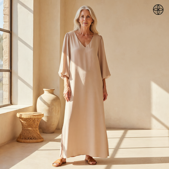 Women's V-neck flowy maxi dress with elegant balloon sleeves & practical pockets. Ideal for summer casual or resort wear.