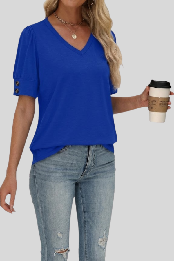 Spring fashion women's V-neck blouse with elegant gathered sleeves for a stylish look.