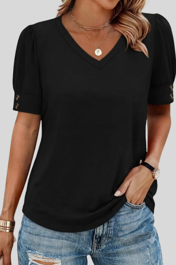 Casual everyday women's top, V-neck, gathered sleeves, perfect for warm weather fashion.
