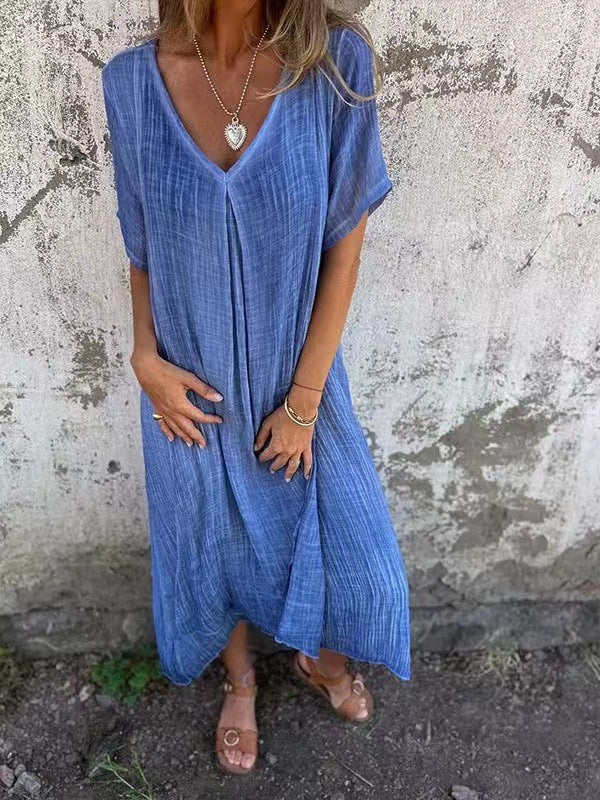 Comfortable V-neck kimono midi dress for women, ideal for versatile summer style, daily wear, or beachwear.