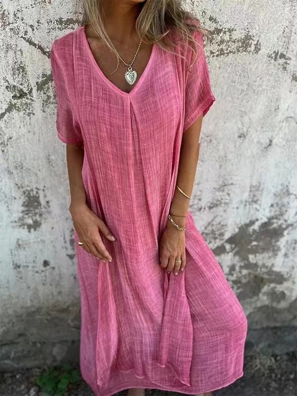 Chic women's V-neck kimono midi dress, a comfortable summer essential for daily wear, travel, or beach.