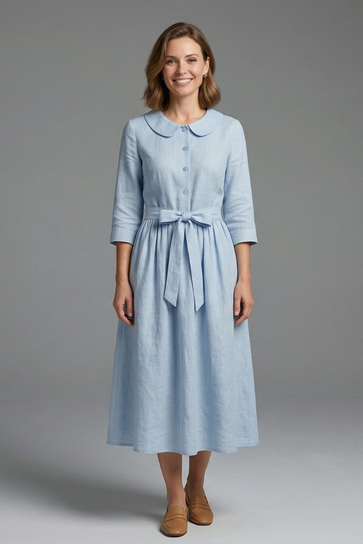 Stylish women's V-neck midi dress, featuring a chic neckline and adjustable waist tie. Elegant clothing.
