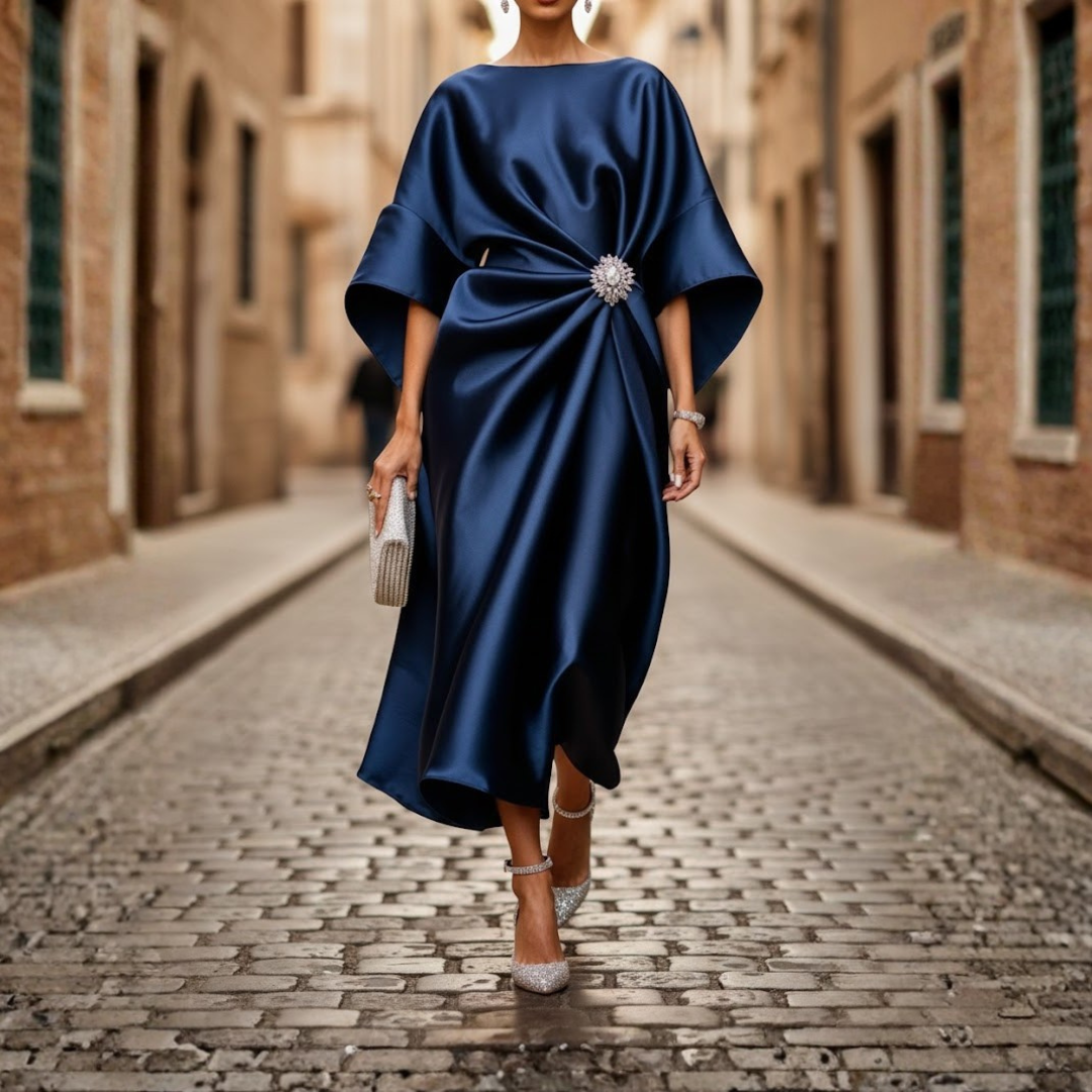 Women's V-neck midi dress with elbow sleeves, flared A-line skirt. Elegant & versatile for any occasion.