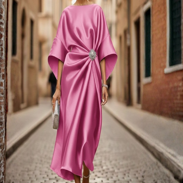 Versatile V-neck midi dress for women, elbow sleeves, flared skirt. Perfect for casual or special occasions.