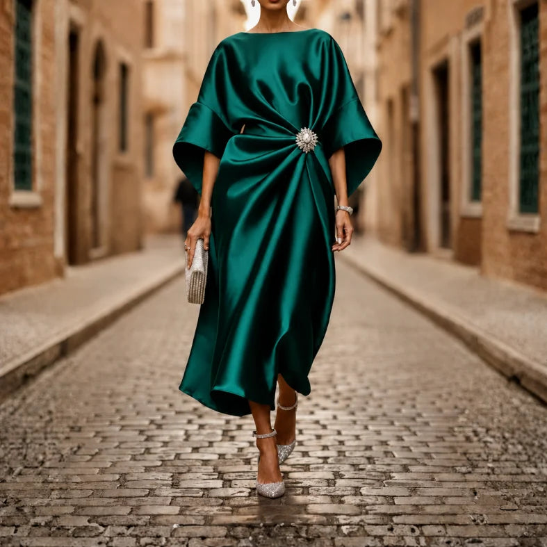 Feminine V-neck midi dress for women, elbow sleeves, and a flattering flared A-line skirt silhouette.