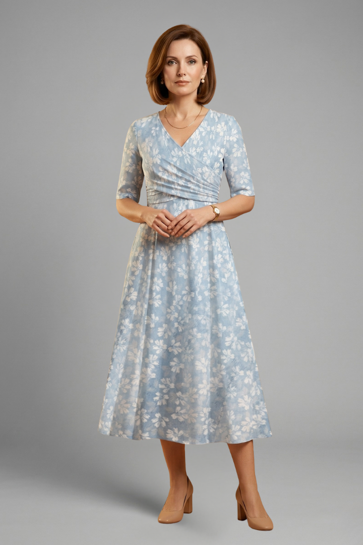 Comfortable women's relaxed fit V-neck midi dress with pockets. Versatile for everyday casual spring & summer fashion.