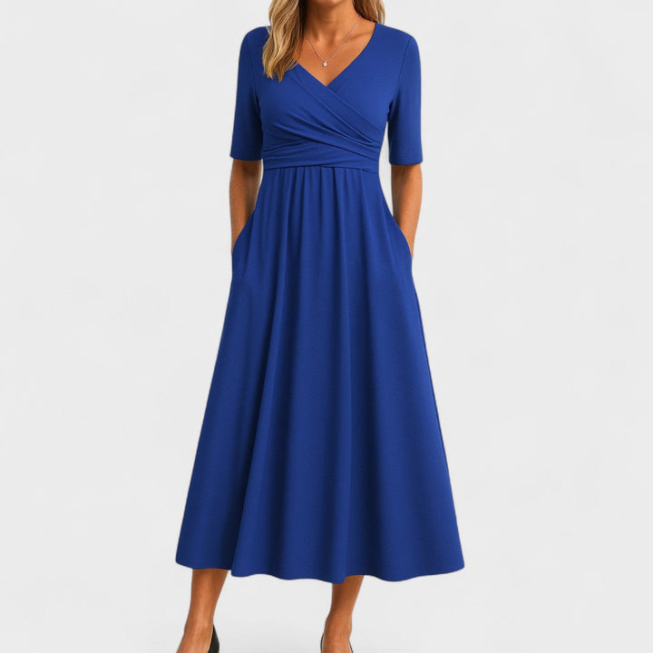 Stylish women's short-sleeve V-neck midi dress for elegant occasions, a must-have in women's fashion.