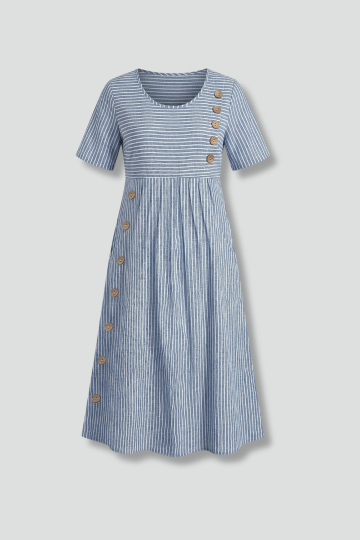 Women's V-neck midi dress with stylish button detail, perfect for elegant spring or summer fashion.