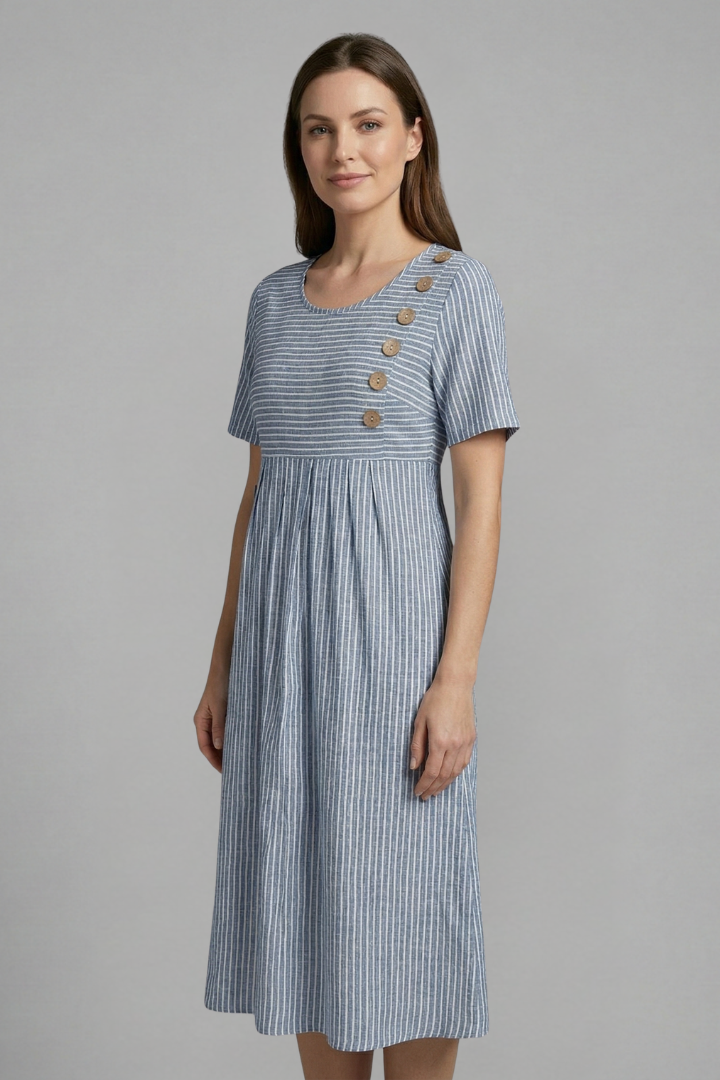 Casual yet chic V-neck midi dress for women, with unique button accents. Ideal for versatile spring & summer wear.