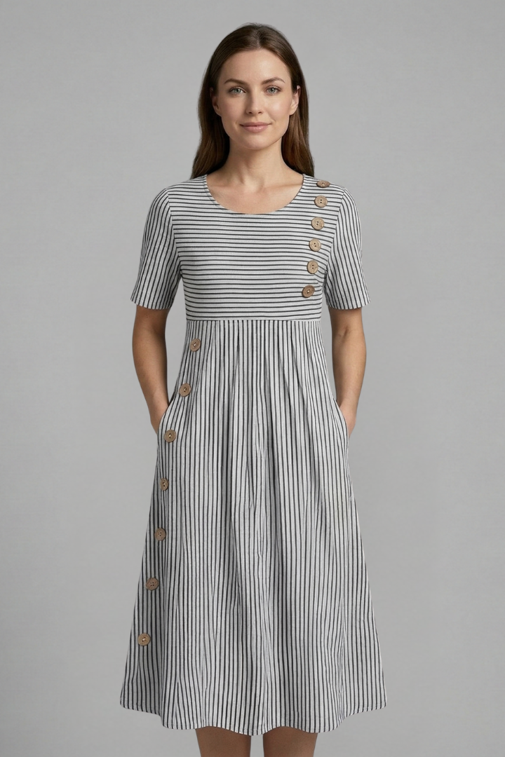 Sophisticated women's V-neck midi dress with functional button detail. Essential spring/summer ladies' fashion.