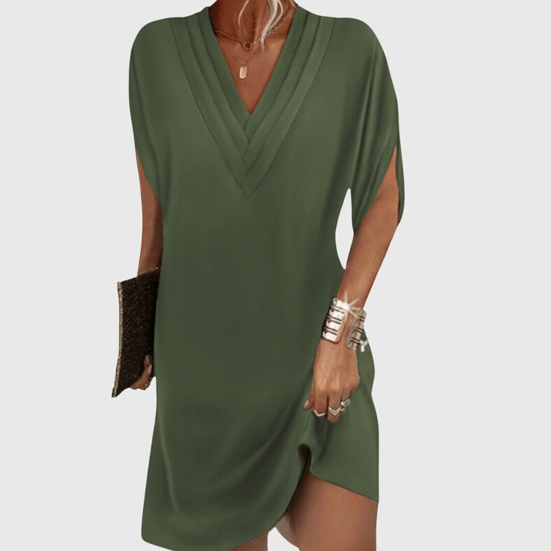Relaxed fit women's V-neck mini dress with draped short sleeves, perfect for summer & vacation.