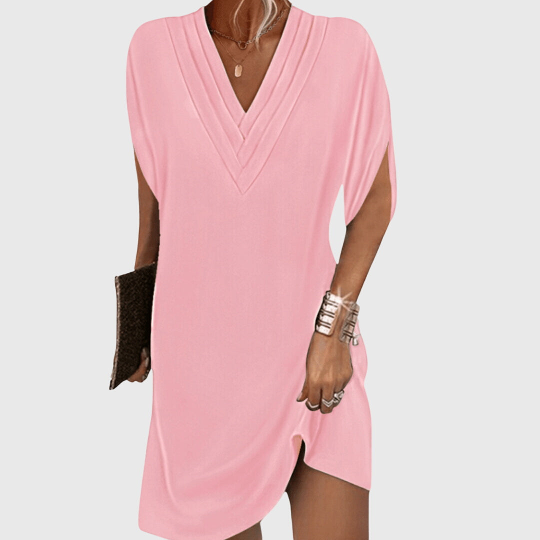 Comfortable V-neck mini dress, draped short sleeves, cocoon style. Ideal for everyday chic & beach.