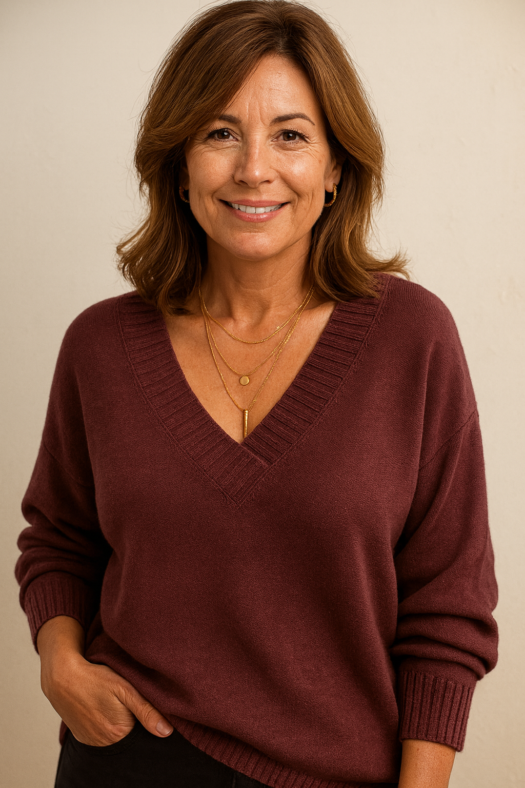 Women's everyday v-neck ribbed sweater, a long sleeve top with a comfortable relaxed fit.