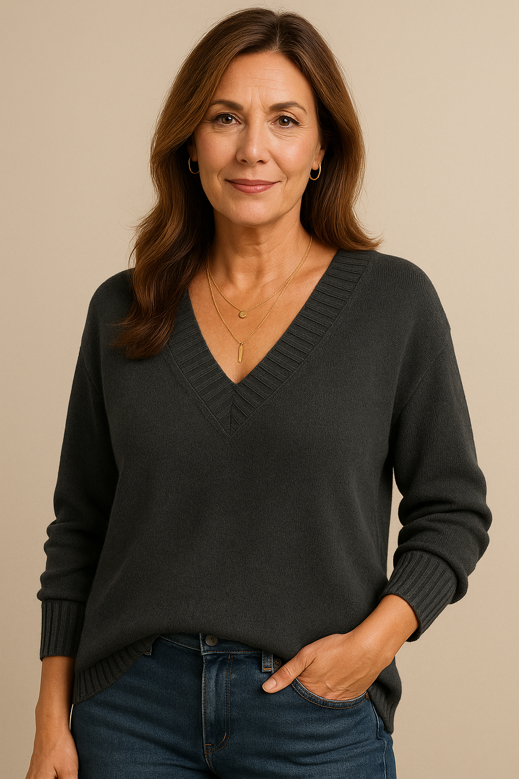 Full body shot of a woman in a relaxed fit v-neck ribbed long sleeve sweater. Casual fashion.