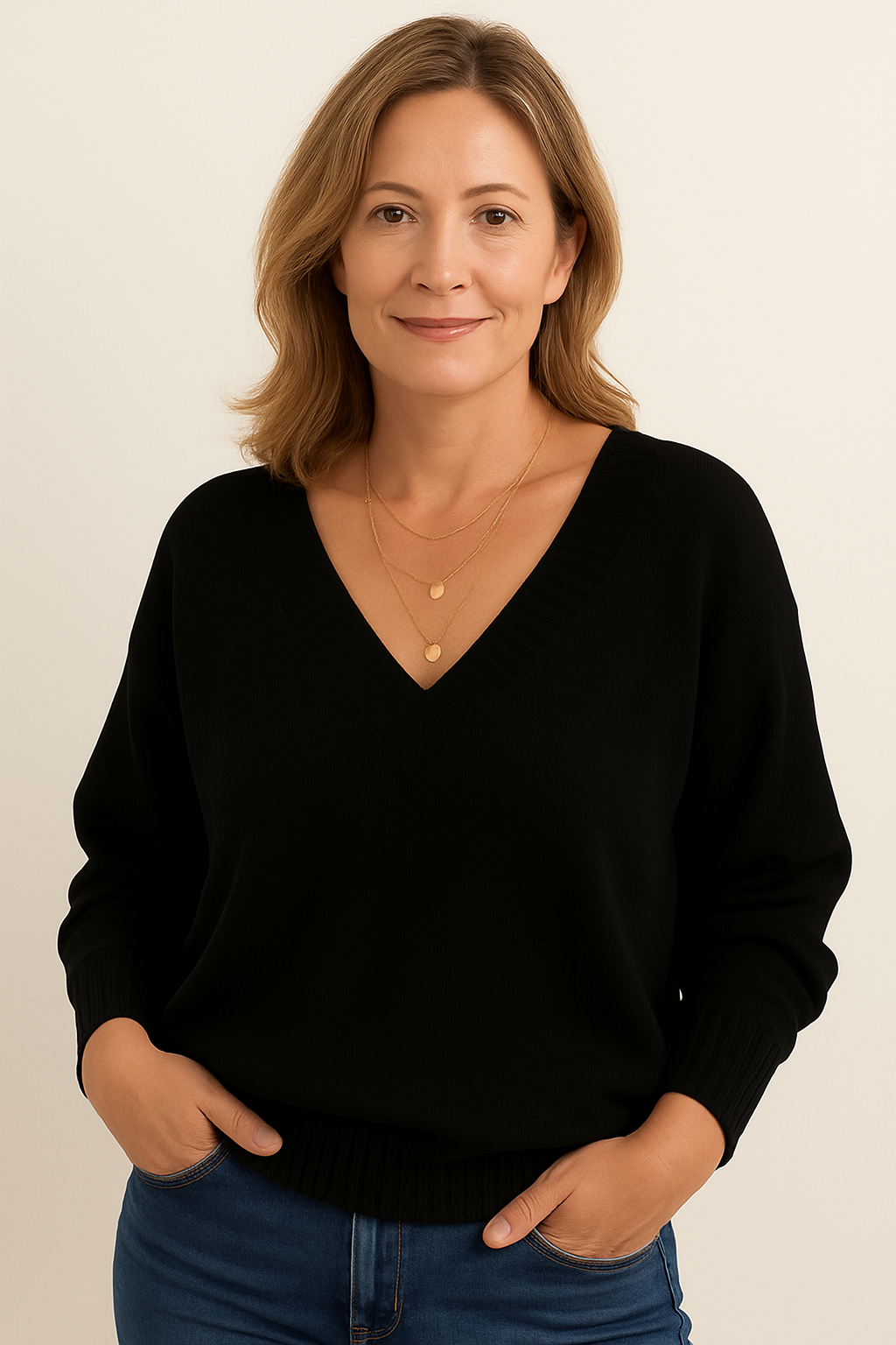 Elegant v-neck detail on a women's ribbed long sleeve sweater, ideal for casual fashion.