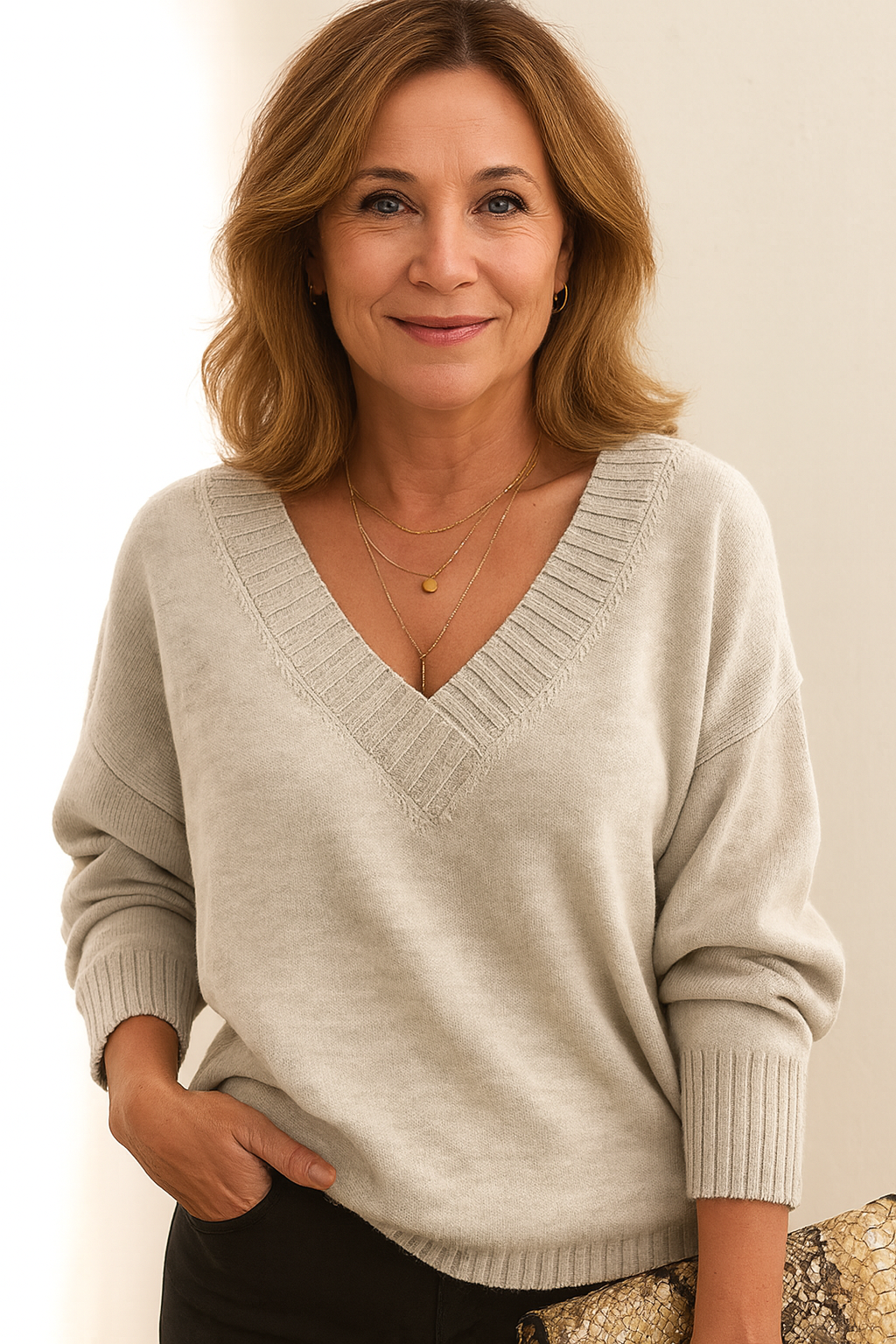 Front view of a versatile women's long sleeve v-neck ribbed sweater, great for everyday wear.