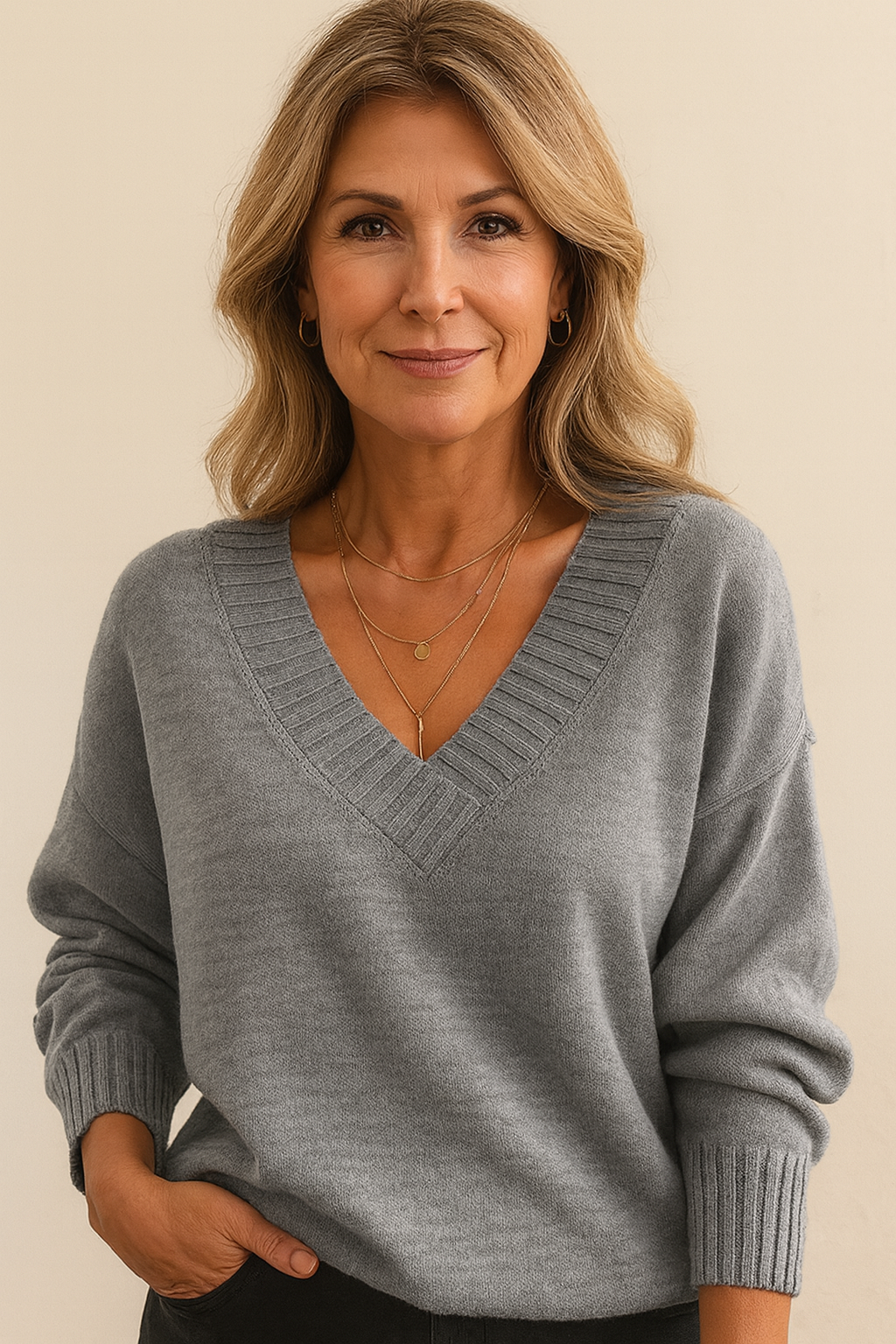 Cozy women's v-neck knit sweater with a relaxed fit and ribbed long sleeves for casual style.