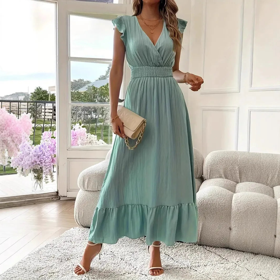 Women's V-neck ruffle trim maxi dress, perfect for summer casual chic or elegant party wear.
