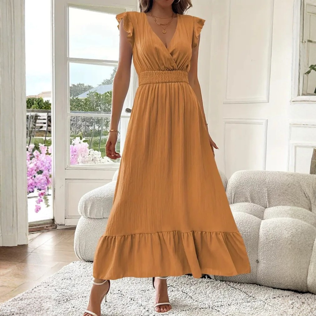 Elegant women's V-neck maxi dress featuring delicate ruffle trim, versatile for casual or party.