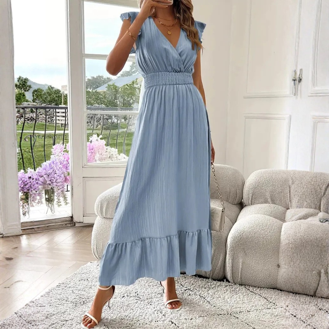 Comfortable women's maxi dress with V-neck and ruffle details, great for effortless summer style.
