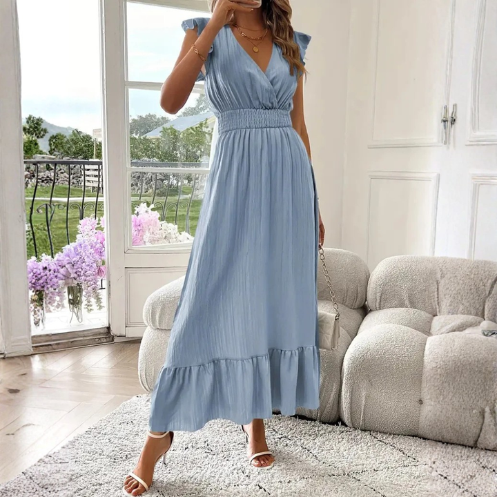 Comfortable women's maxi dress with V-neck and ruffle details, great for effortless summer style.