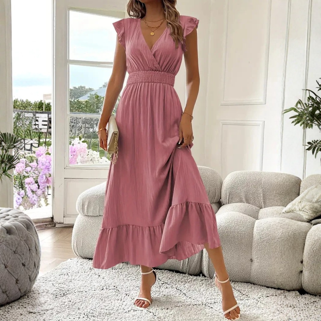 Versatile women's V-neck maxi dress with flowy ruffle details, perfect for spring/summer fashion.