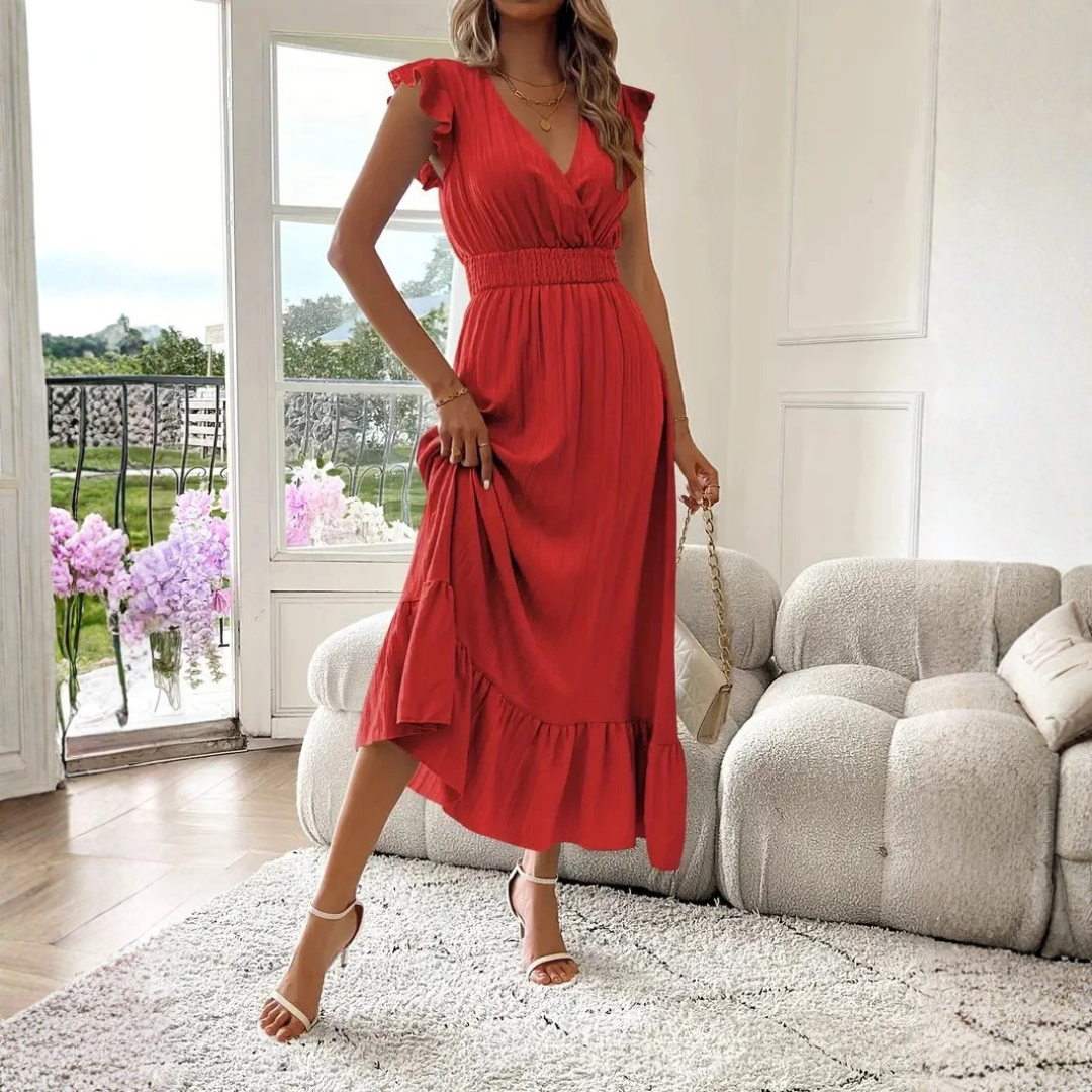 Stylish women's V-neck maxi dress, elegant ruffle trim, ideal for casual wear or parties.