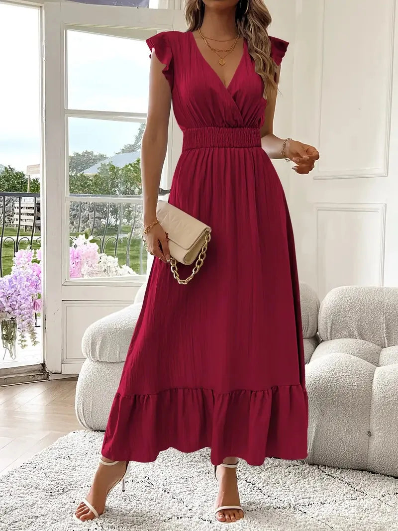 Lightweight women's maxi dress with V-neck & ruffle trim, a comfortable spring/summer choice.