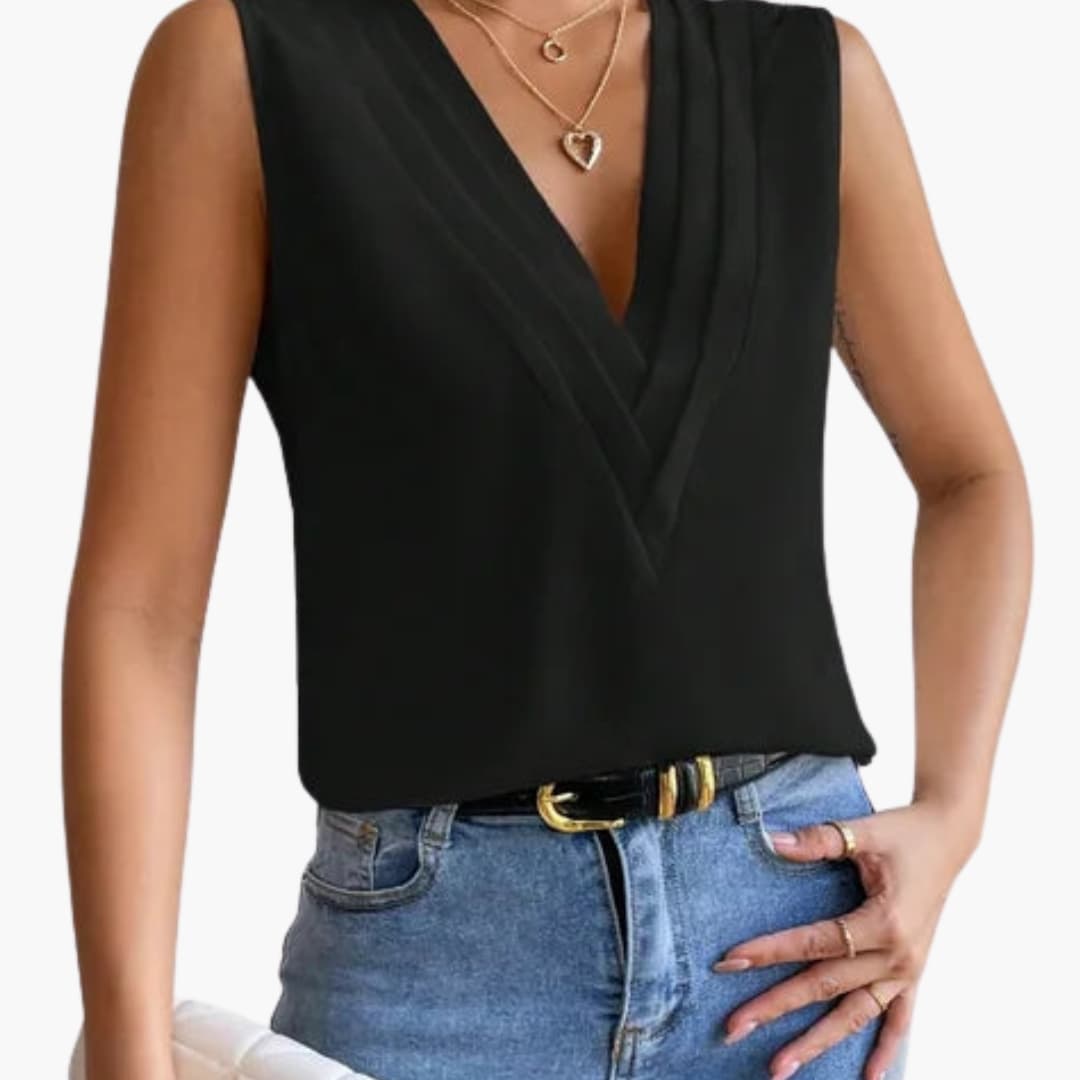 Sleeveless V-neck blouse for women. Elegant & relaxed fit, ideal for effortless day-to-night versatile style.
