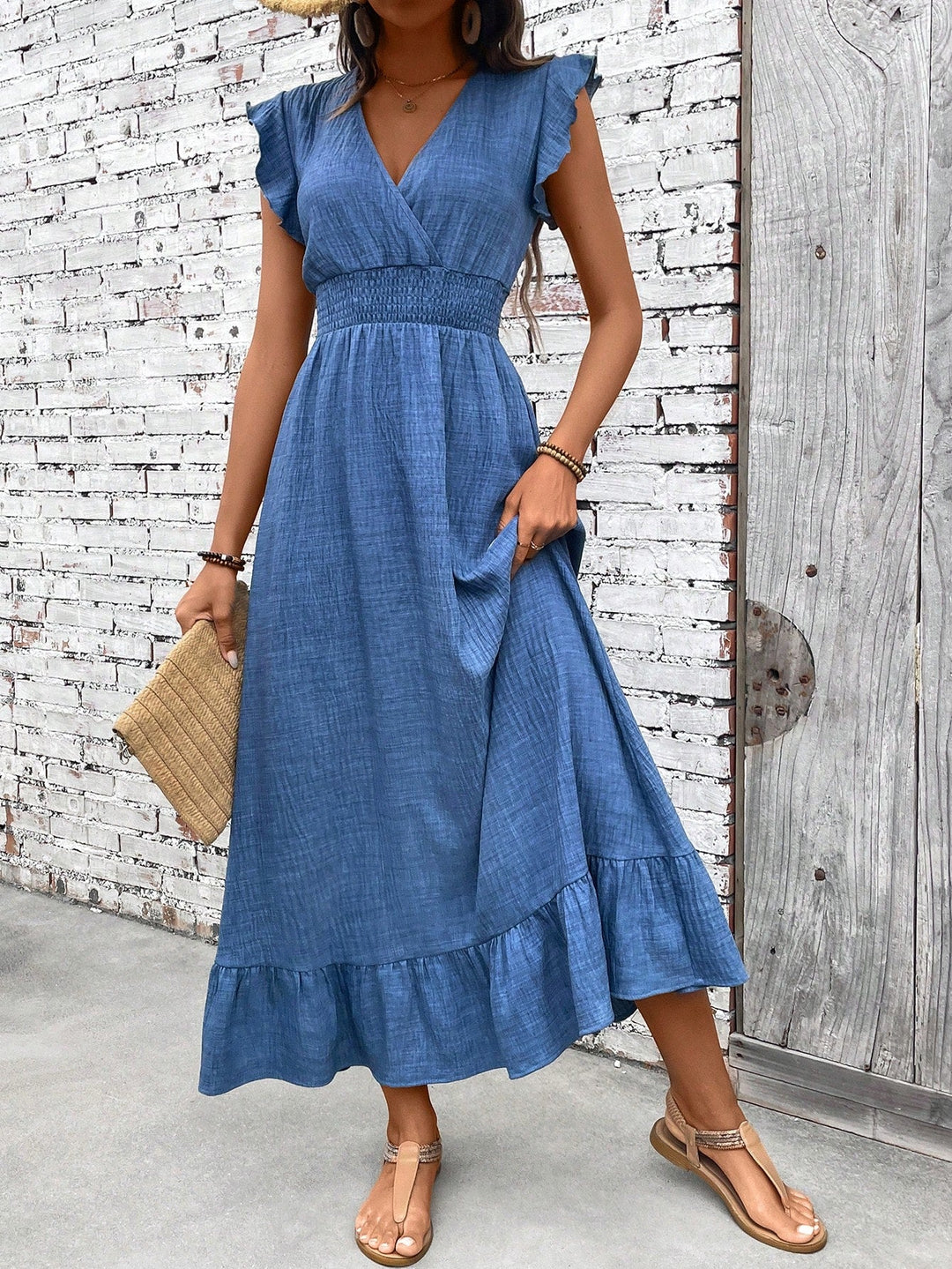 Women's V-neck smocked waist ruffle maxi dress. Comfortable long casual summer dress with boho style.