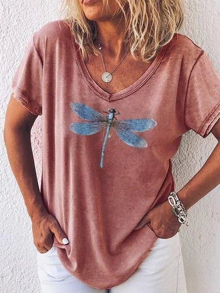 Women's V-neck tee with vibrant dragonfly print, short sleeves. Perfect casual top for spring/summer comfort.