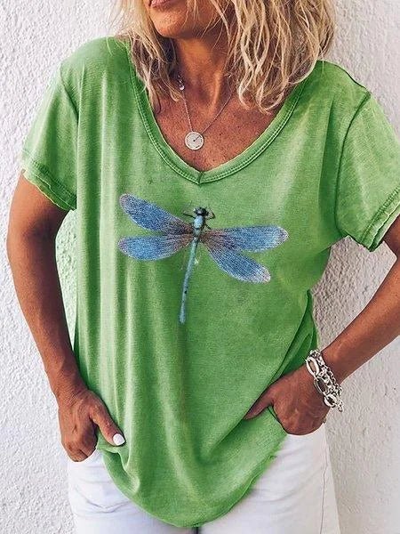 Red women's V-neck tee featuring a stylish dragonfly graphic print. Casual short sleeve top for summer outfits.