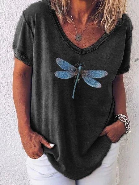 Blue women's graphic V-neck tee with a unique dragonfly pattern. Effortless casual short sleeve top for comfort.