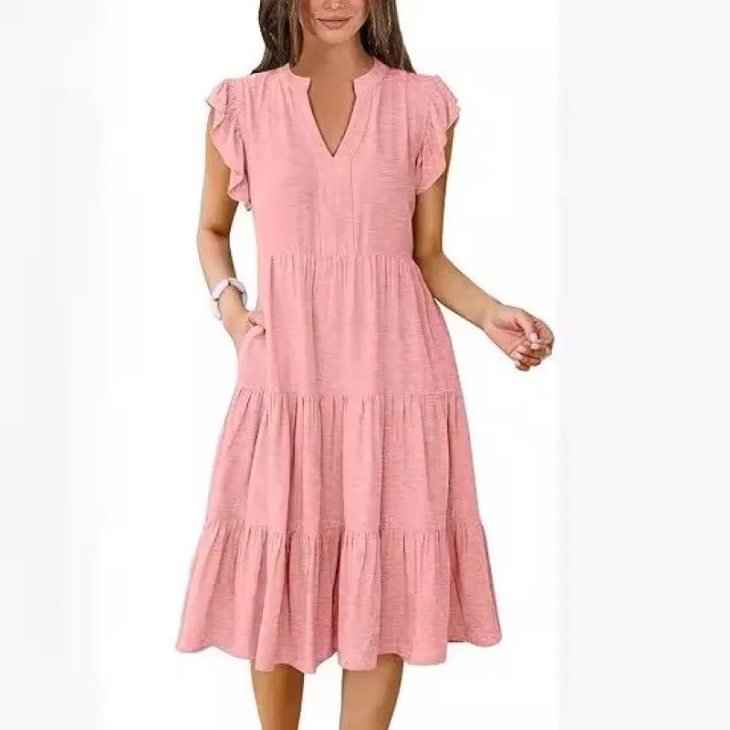 Comfortable women's V-neck tiered midi dress with flutter sleeves, ideal for everyday wear.
