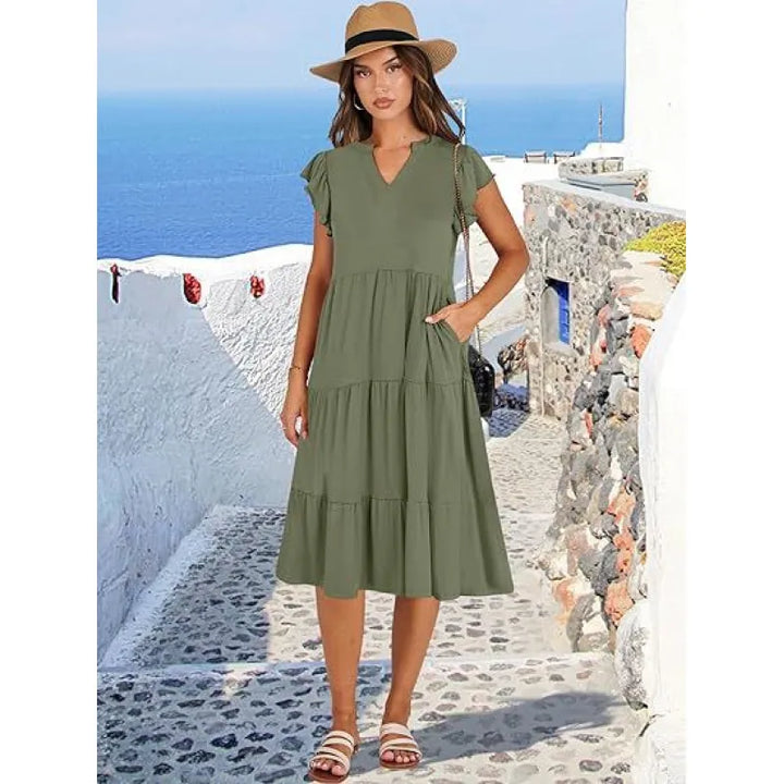 V-neck tiered midi dress for women, designed with stylish flutter sleeves. A must-have summer dress.