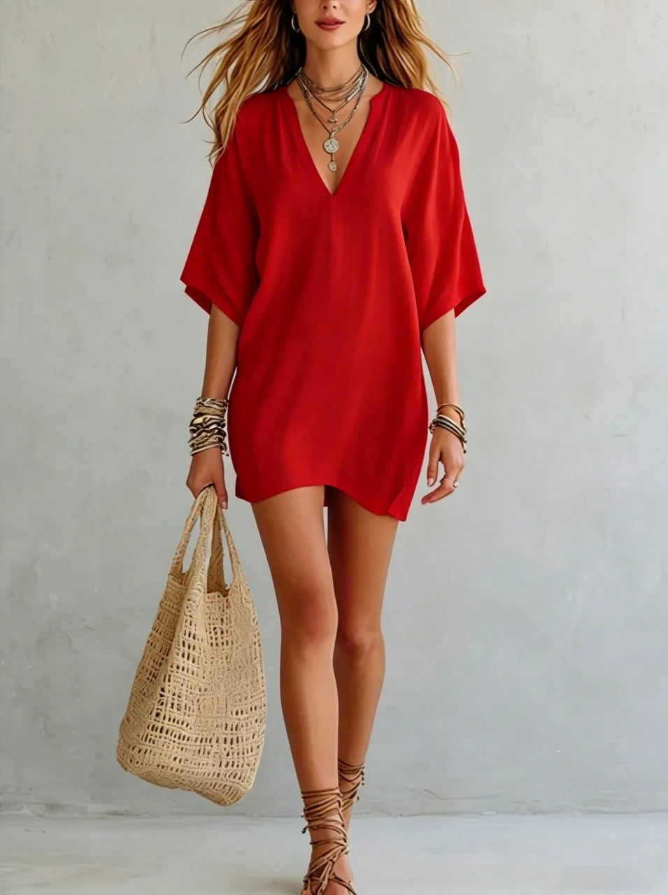 Effortless women's V-neck mini tunic dress with a relaxed fit. Perfect for casual summer beach days.