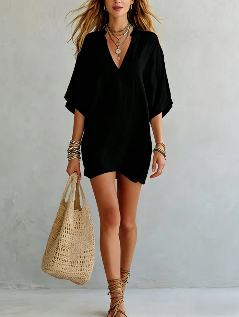 Women's beach & resort wear V-neck tunic mini dress. Relaxed fit, ideal comfy summer vacation outfit.