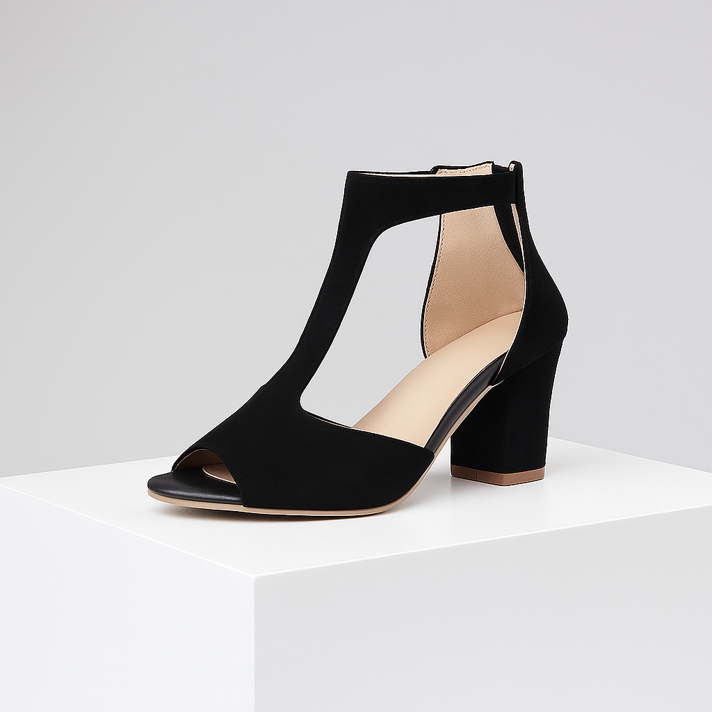 Women's Valdora black open-toe block heels with T-strap. Elegant and comfortable stylish ladies' footwear.