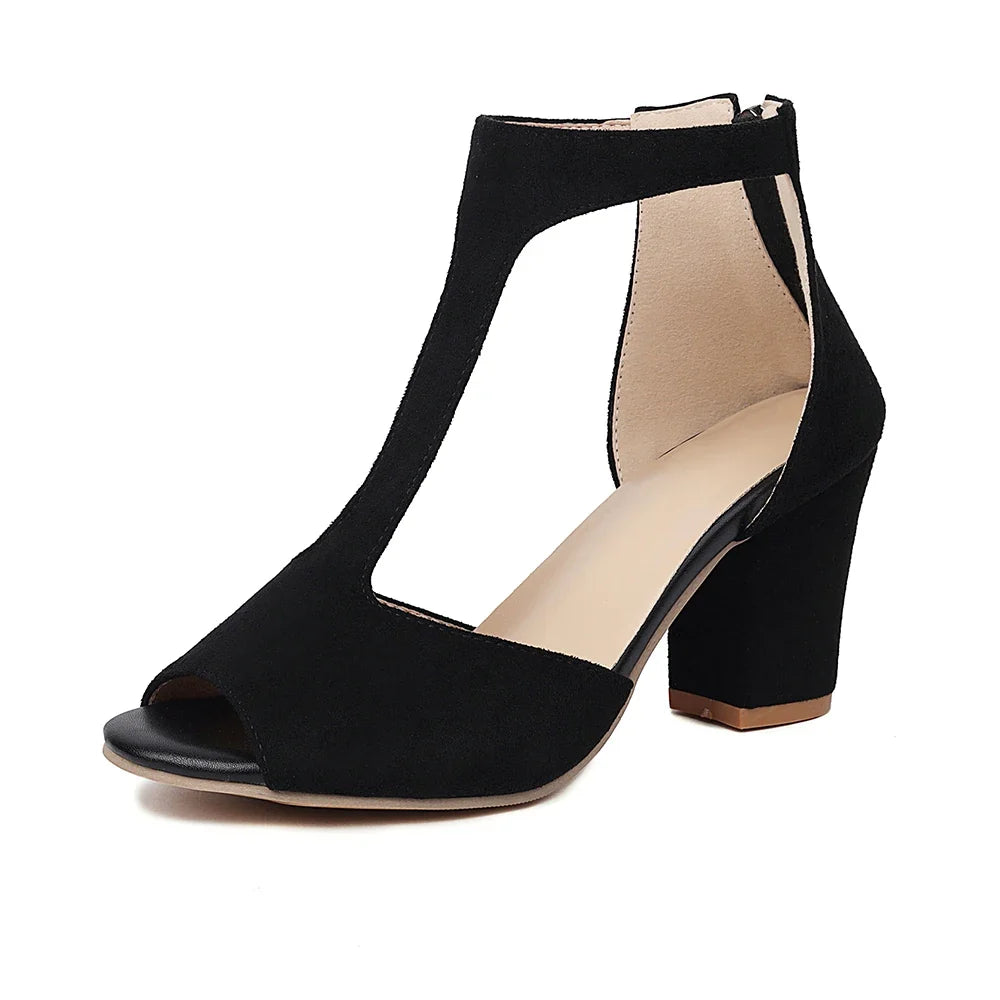 Stylish Valdora black open-toe block heels. Elegant T-strap comfortable fashion heels, perfect for ladies' events.