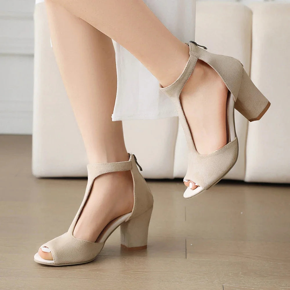 Women's Valdora black and beige open-toe block heels. Comfortable T-strap elegant stylish versatile footwear.