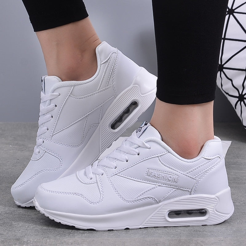 White Valencia women's chunky platform sneakers, a stylish & comfortable vegan leather footwear choice.