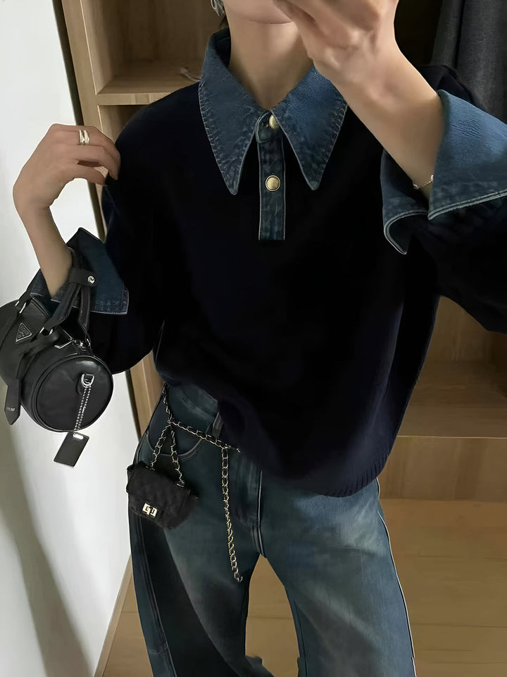 Elegant women's lapel top sweater with button detail. A versatile all-season layering piece for workwear.