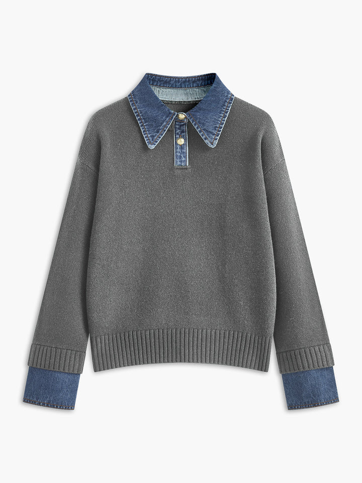 Workwear women's lapel sweater, versatile and elegant. Modern 2-in-1 design with chic button detail.