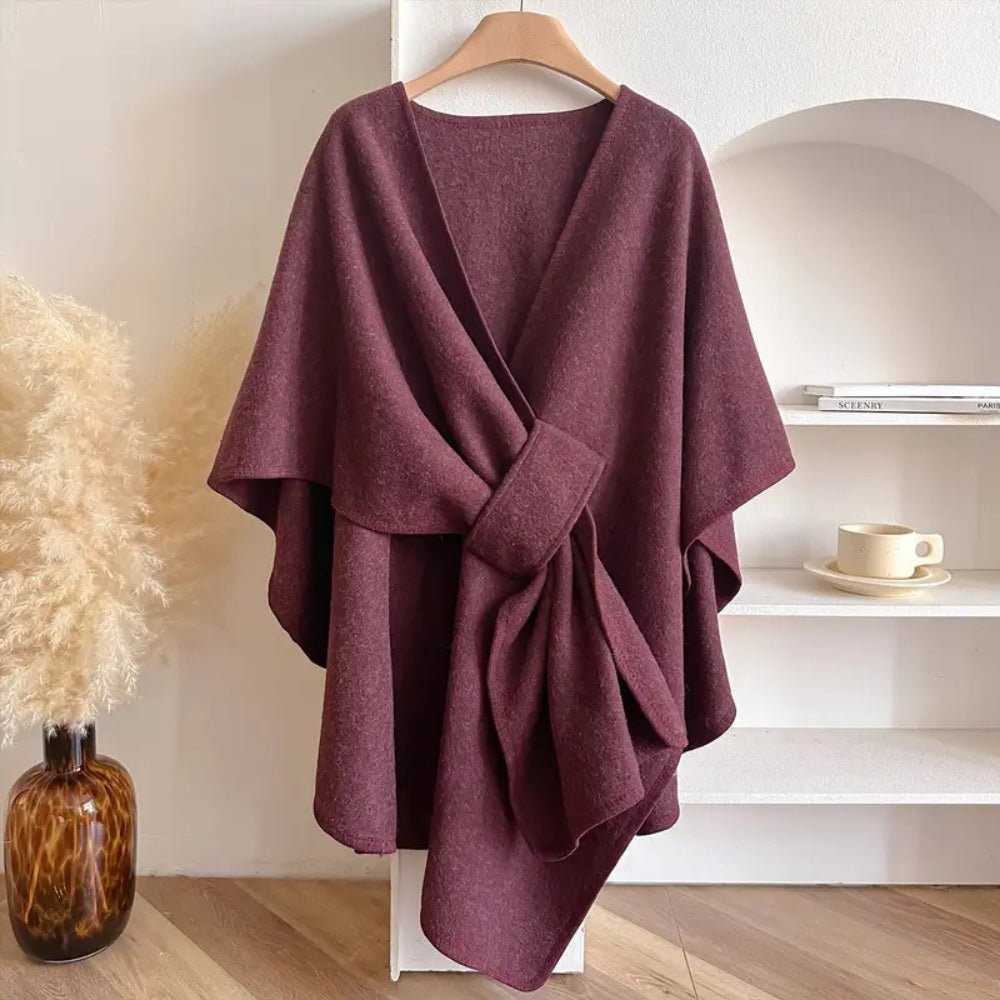 Stylish women's fashion poncho wrap coat, ideal for spring & fall outerwear, offering elegant comfort.
