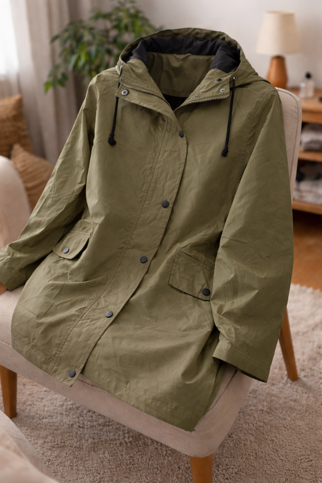 Light blue women's hooded windbreaker, a casual jacket for all-weather protection.
