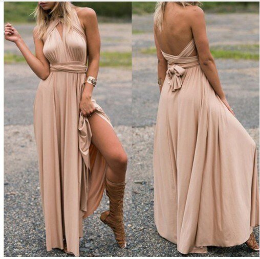 Feminine long formal maxi dress, convertible & chic for special occasions and parties.