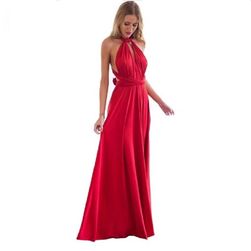 Chic red adaptable maxi dress for women, perfect for formal evenings and special occasions.