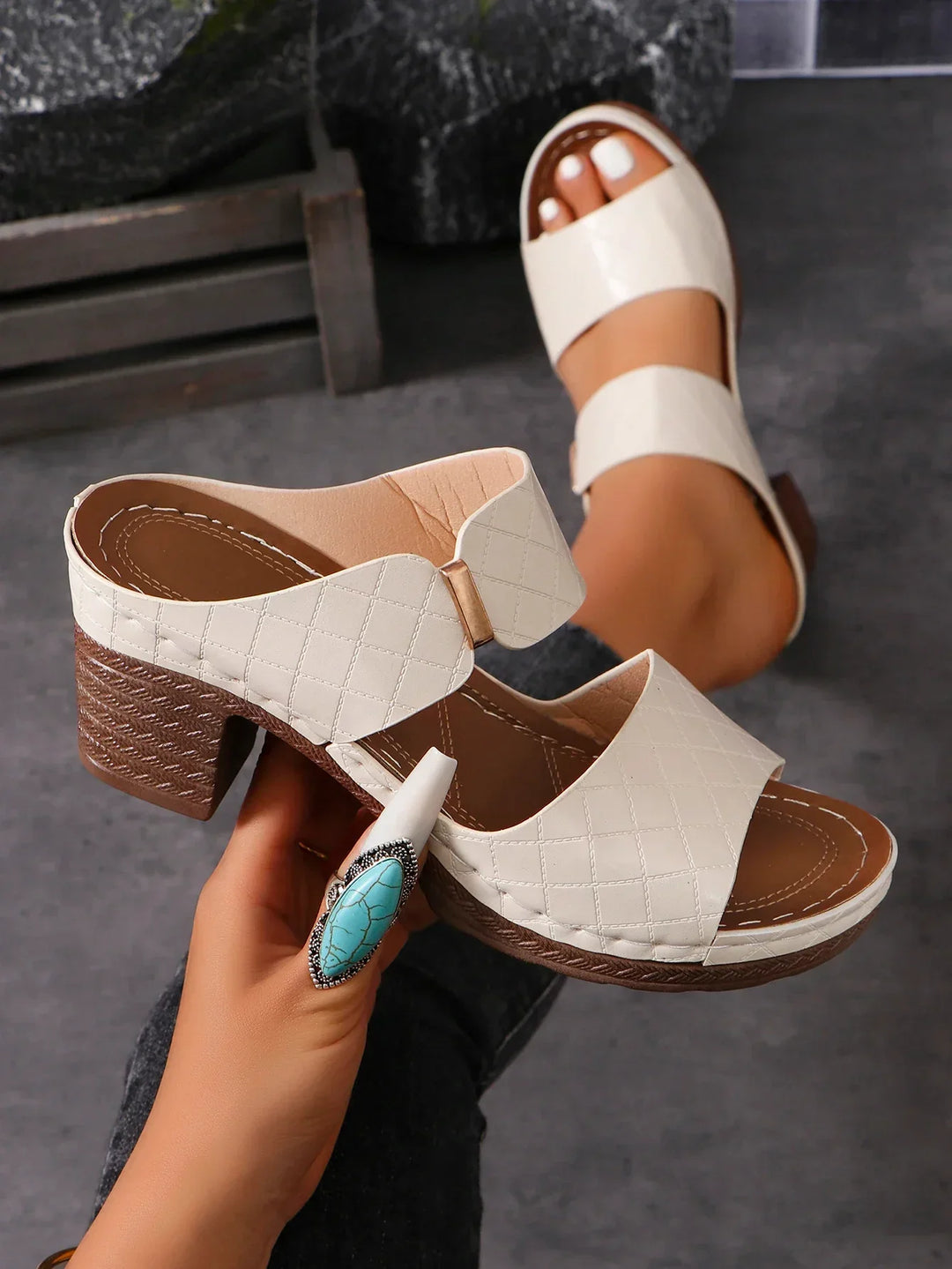 Stylish women's summer sandals. Premium leather slip-on with stable block heels for versatile chic comfort.