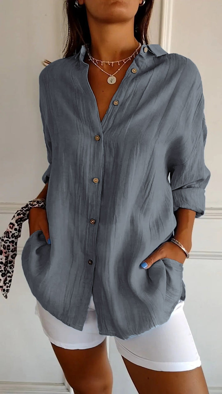 Women's long sleeve button-down shirt, a perfect spring casual top and summer beach cover-up.